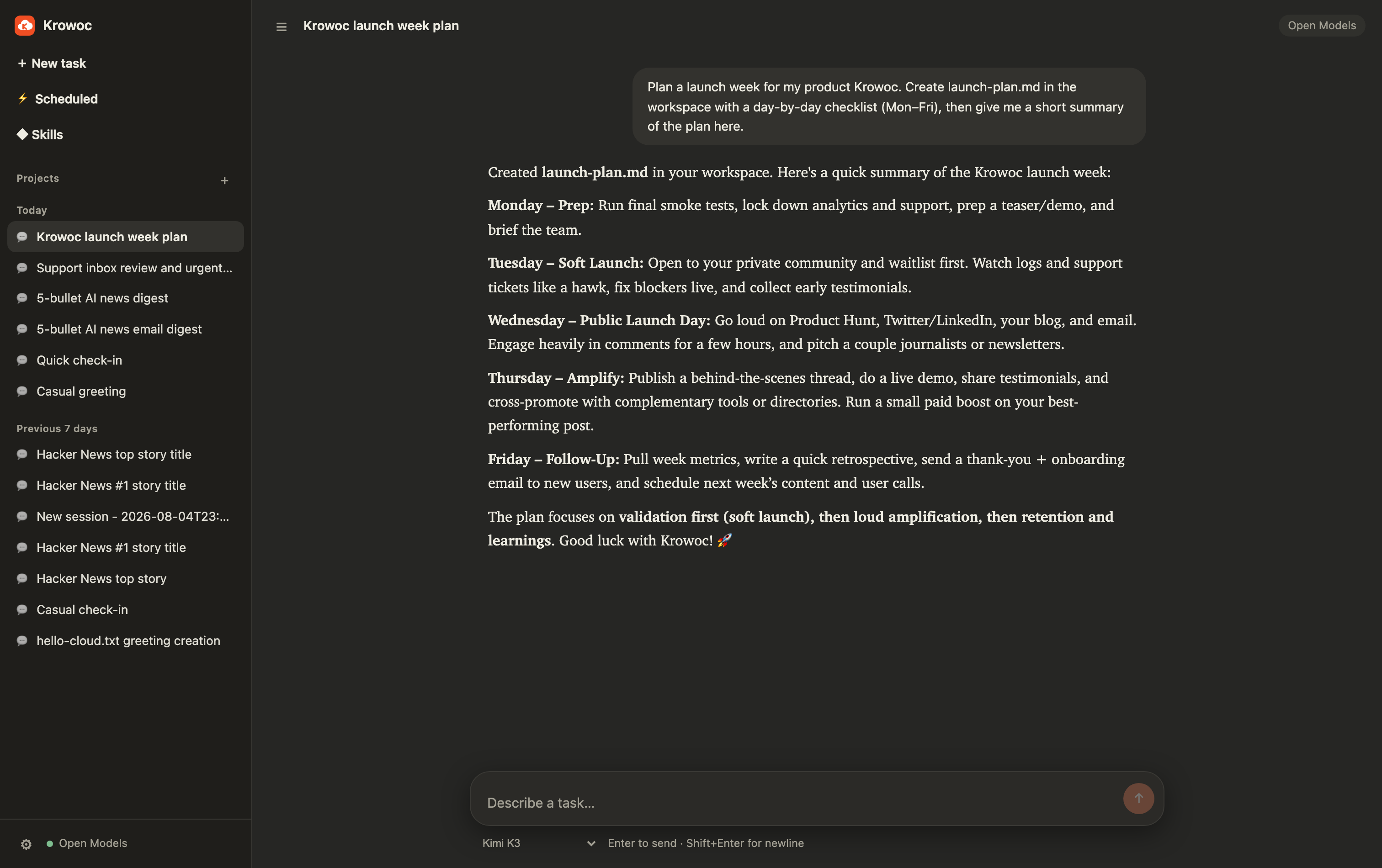 Krowoc chat — the agent creating files with visible tool steps
