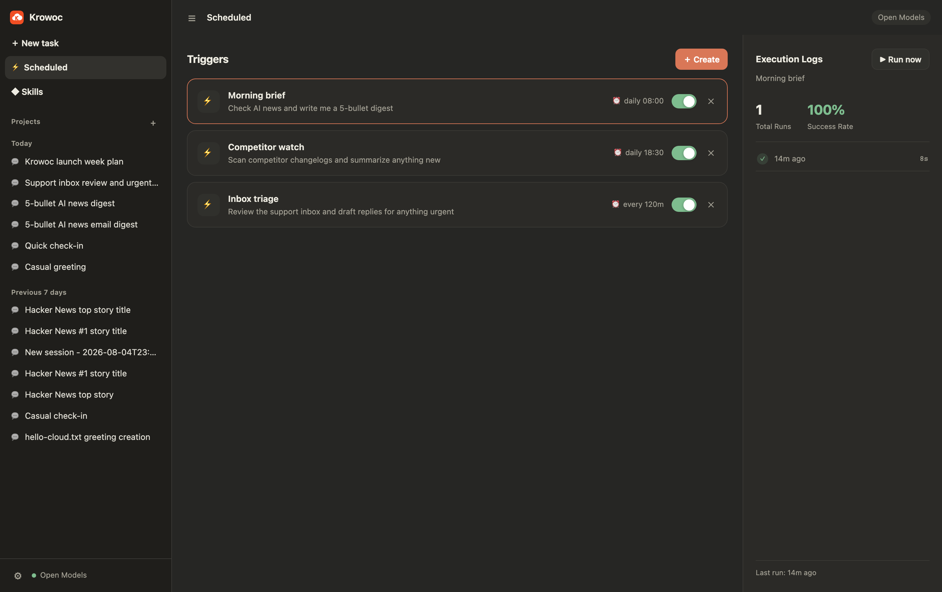 Scheduled triggers with run history and success rate
